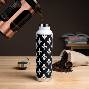 Bouteille D'eau Fleur de Lis Motif, Royal French, Blanc sur Noir