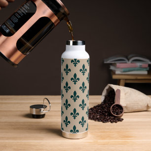 Bouteille D'eau Fleur de Lis Motif, Royal French Green on Cream