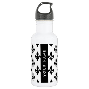 Bouteille D'eau Fleur de Lis, Noir sur Blanc, Noir, Votre Nom