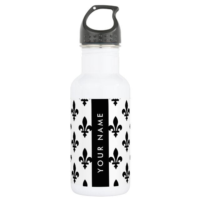Bouteille D'eau Fleur de Lis, Noir sur Blanc, Noir, Votre Nom (Devant)
