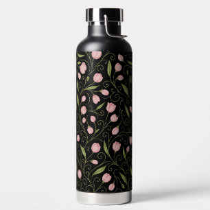 Bouteille D'eau Fleur mignonne, rose sur noir avec motif répétitif