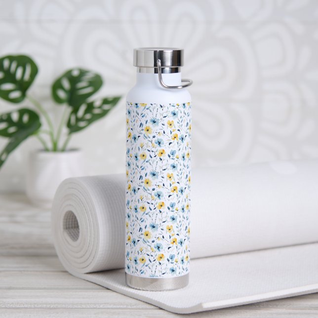 Bouteille D'eau Fleur sauvage aquarelle bleu jaune  (Yoga (pivoté))