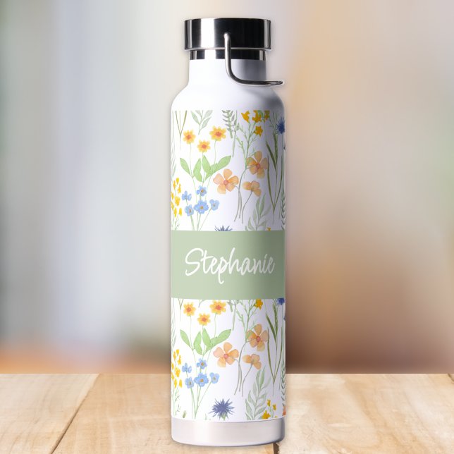 Bouteille D'eau Fleur sauvage aquarelle vert orange Monogramme Nom (Créateur téléchargé)
