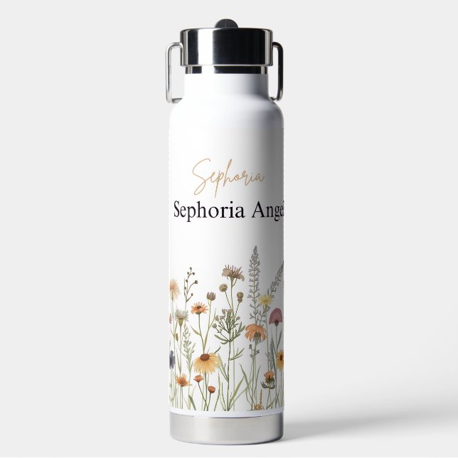 Bouteille d'eau Fleur Sauvage Boho avec nom person (Salle de sport)