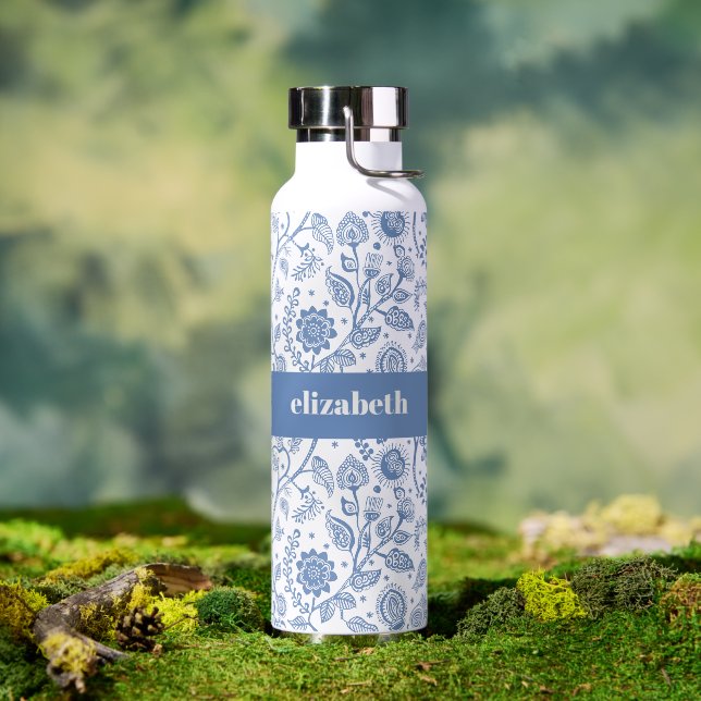 Bouteille D'eau Fleurs bleues et blanches, nom personnalisé, botan (Extérieur (pivotée))