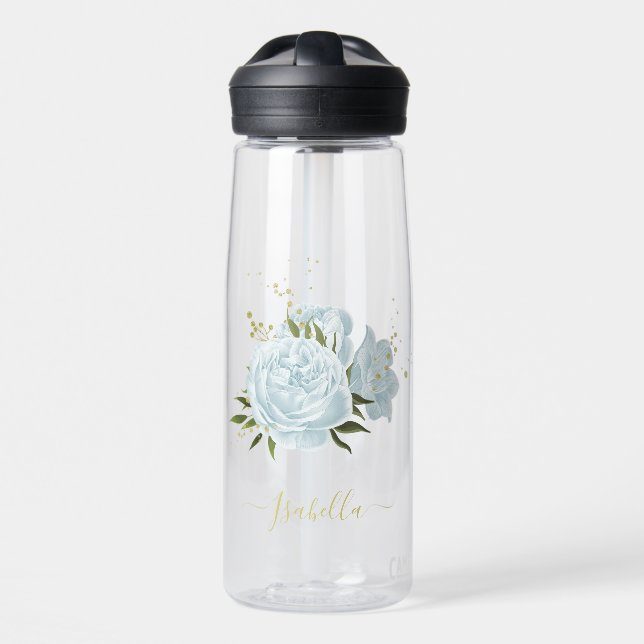 Bouteille D'eau fleurs bleues romantiques  & feuilles vertes botan (Avant)