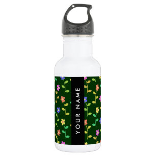 Bouteille D'eau Fleurs Colorées, Fond Vert, Noir
