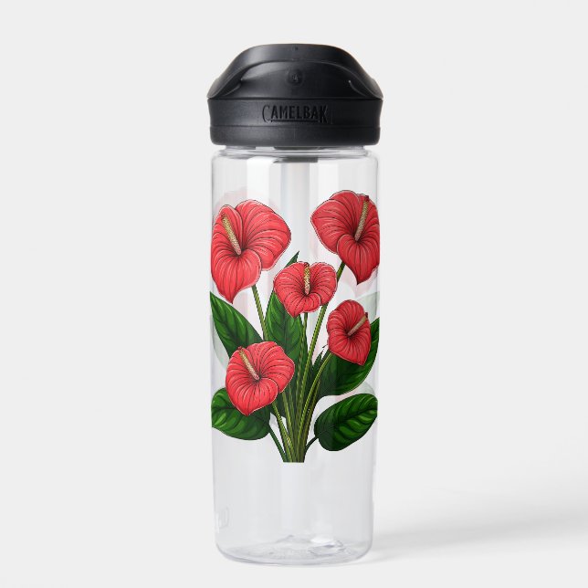 Bouteille D'eau Fleurs d'anthurium rouges avec des feuilles vertes (Arrière)