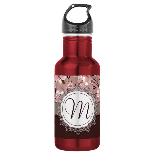 Bouteille D'eau Fleurs de cerisier avec le monogramme de dentelle (Devant)