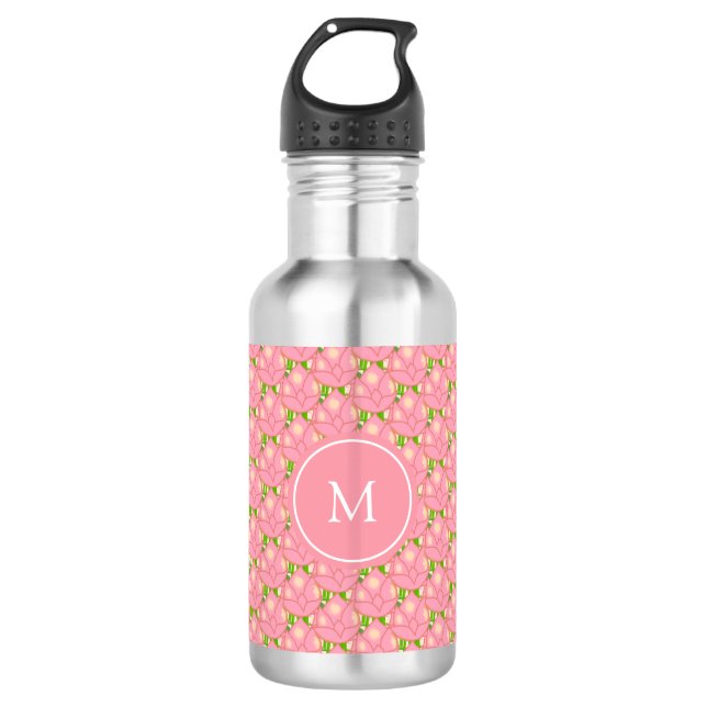 Bouteille D'eau Fleurs de lotus roses et monogramme (Devant)