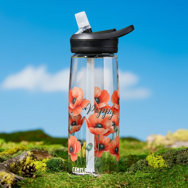 Bouteille d'eau Fleurs de pavot à l'aquarelle Nom (Pop your name on this pretty poppy water bottle)