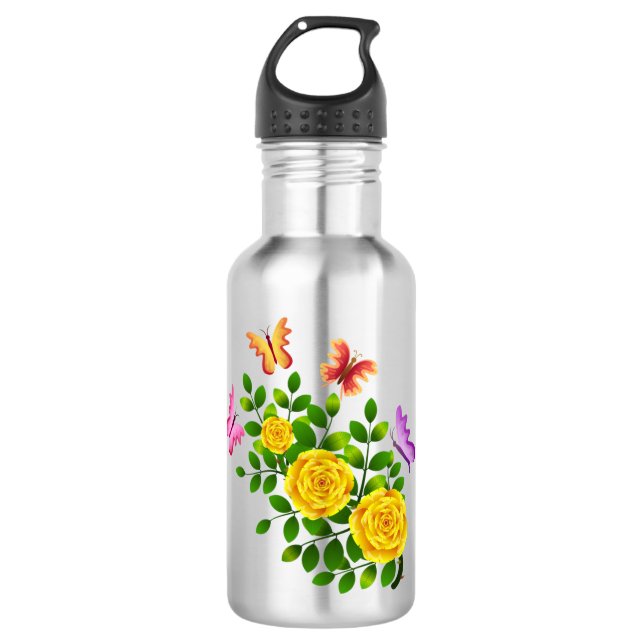 Bouteille D'eau Fleurs De Rose Jaune Et Papillons-64567 (Devant)