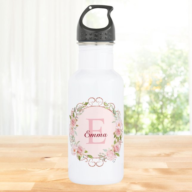 Bouteille D'eau Fleurs de rose rose blush aquarelle monogramme flo (In situ)
