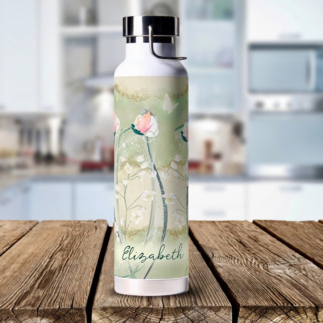 Bouteille D'eau Fleurs Moss Green & White Pastel Personnalisées (Stay hydrated with our Moss Green & White Pastel Flowers Personalized Water Bottle.)