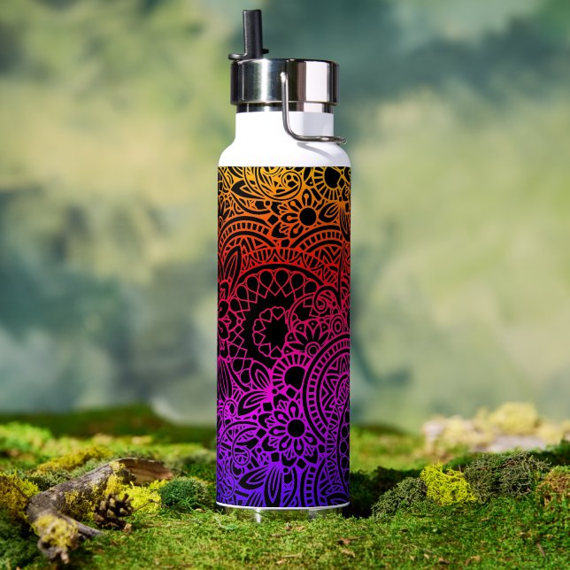 Bouteille D'eau Fleurs orange violet et fond noir (Extérieur (pivotée))