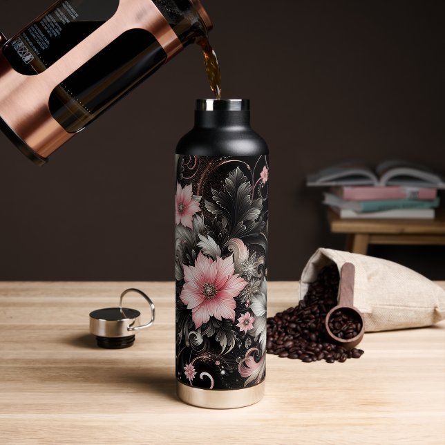 Bouteille D'eau Fleurs pailletées noir et rose (Café)