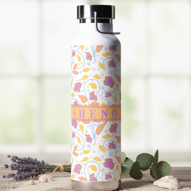 Bouteille D'eau Fleurs pastel et feuilles avec bannière centrale (Cute clean scattered flowers and leaves with trailing blue vines says "I'm beautiful" )