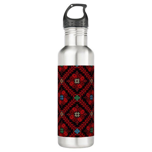Bouteille D'eau Fleurs rouges Palestine Broderie tatreez Motif (Devant)