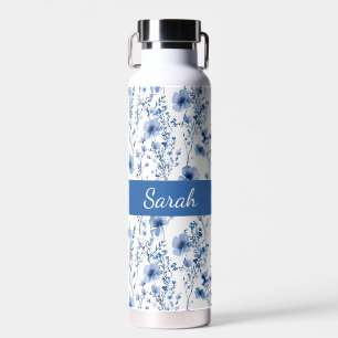 Bouteille D'eau Fleurs Sauvages Aquarelle Bleu Blanc Nom