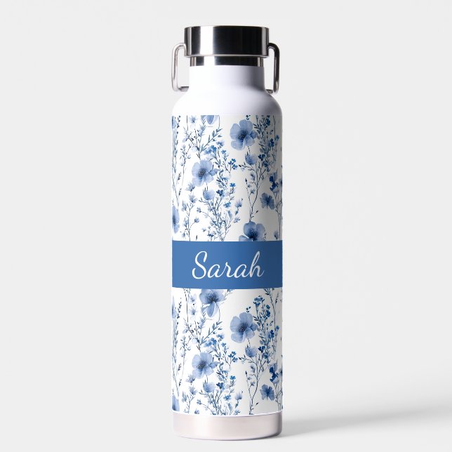 Bouteille D'eau Fleurs Sauvages Aquarelle Bleu Blanc Nom (Avant)