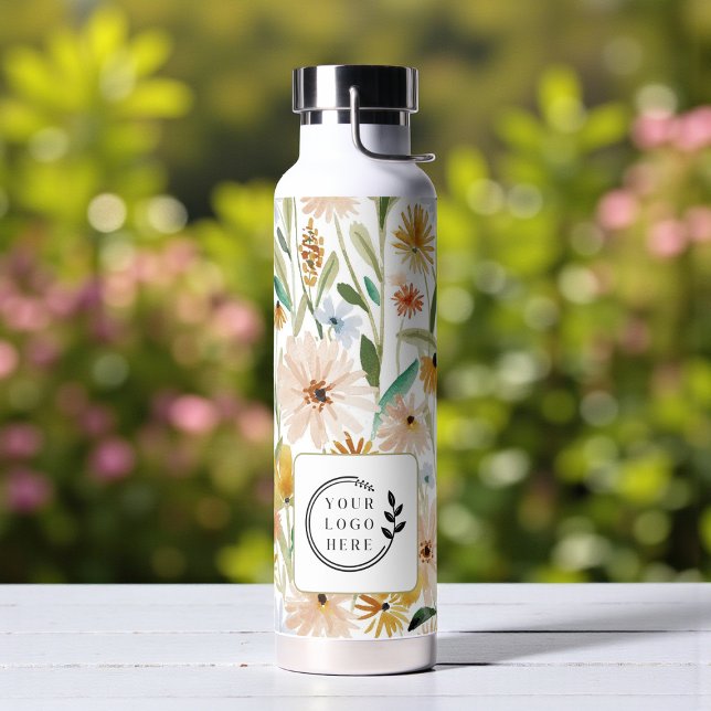 Bouteille D'eau Fleurs sauvages aquarelle rustique Ajouter un logo (Créateur téléchargé)