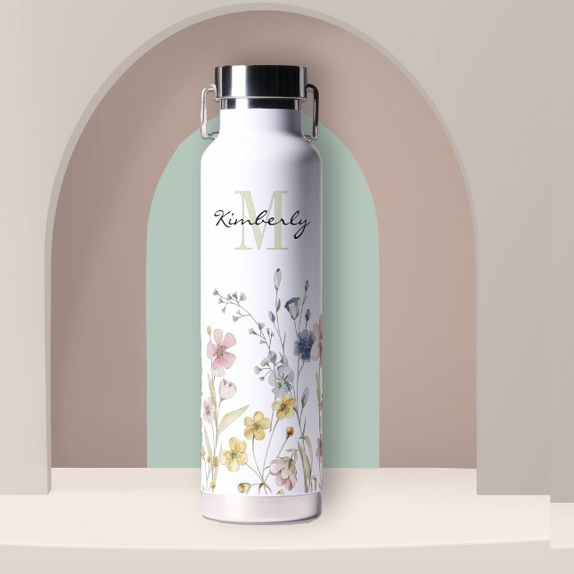 Bouteille D'eau Fleurs sauvages botaniques féminins avec Monogramm (Créateur téléchargé)