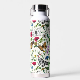Bouteille D'eau Fleurs sauvages et papillons sur blanc
