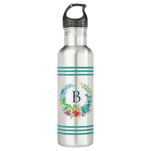 Bouteille D'eau Fleurs tropicales colorées Wreath Monogramme perso (Devant)