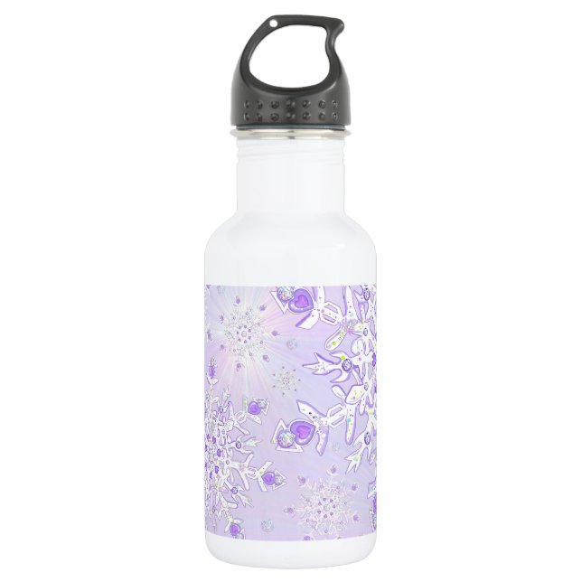 Bouteille D'eau flocon de neige violet clair et cœur scintillant (Devant)