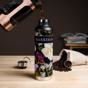 Bouteille D'eau Floral blanc et violet victorien sur noir / nom
