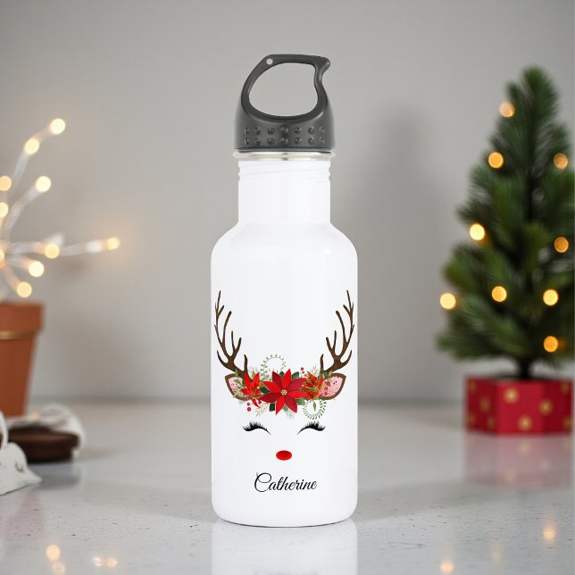 Bouteille D'eau Floral Christmas Reindeer Nom personnalisé (Créateur téléchargé)