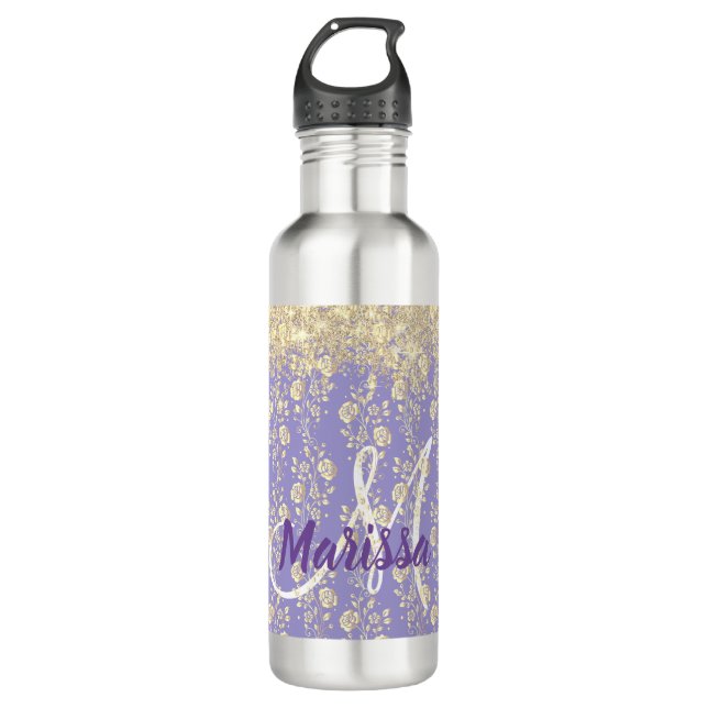 Bouteille D'eau Floral d'or Monogram sur Lavender (Devant)