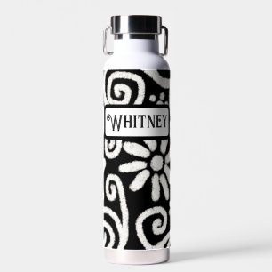 Bouteille D'eau Floral noir blanc & Fleurs à perles Personnalisées