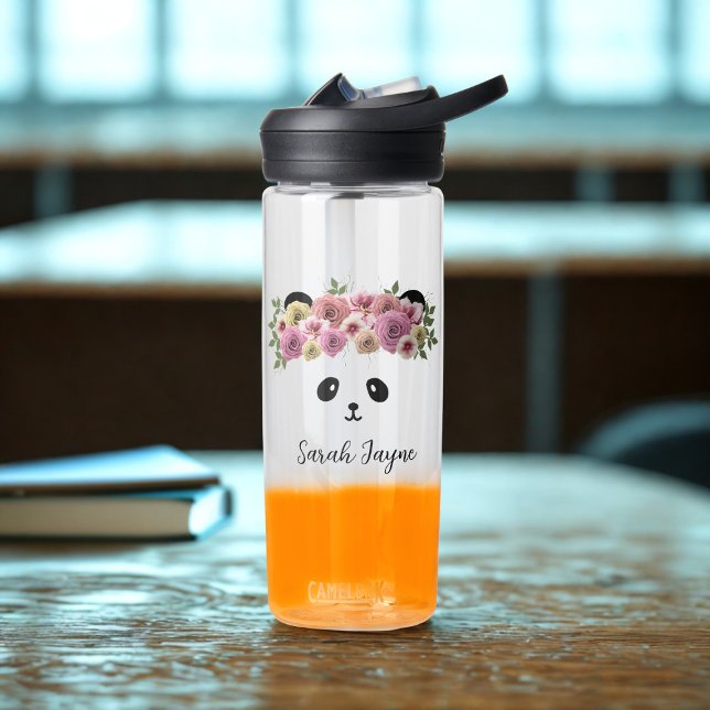 Bouteille D'eau Floral Panda Bear Nom de la fille (A pretty panda bear with flowers in her hair! Just add your name to this cute water bottle)