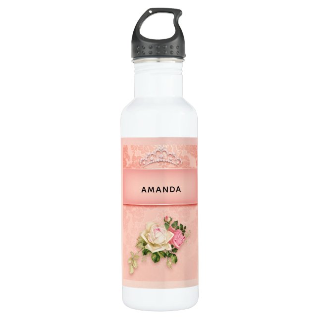 Bouteille D'eau Floral rose avec Diamond Tiara Princess Design (Devant)