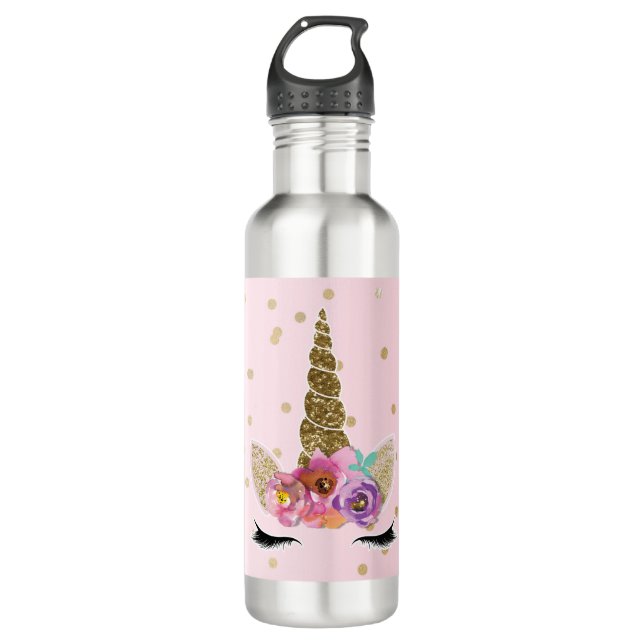 Bouteille D'eau Floral Unicorn Gold Parties scintillant Glam Girls (Devant)