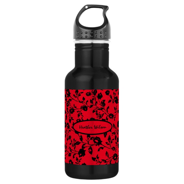 Bouteille d'eau florale rouge rouge noir avec nom (Devant)