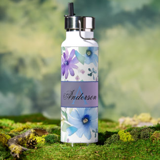 Bouteille d'eau florale violette et bleue
