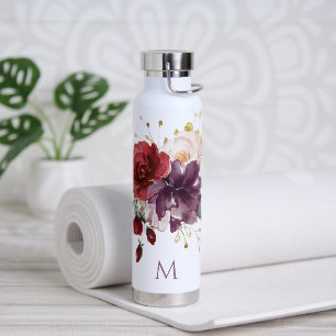 Bouteille D'eau Flore d'aquarelle Rose rouge et prune avec Monogra