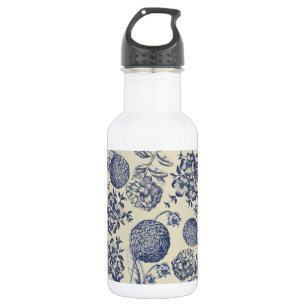 Bouteille D'eau Flore d'impression florale de fleurs bleues antiqu