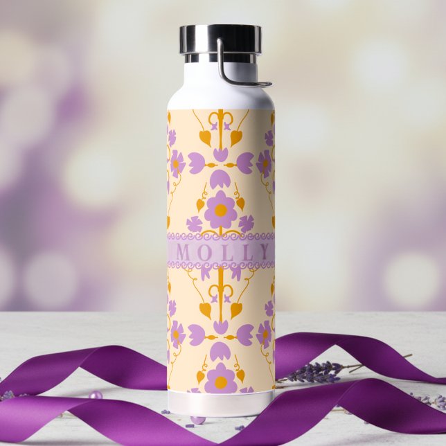 Bouteille D'eau Flore Moderne Personnalisée Violet Et Crème (Cute, colorful, and totally customizable.)