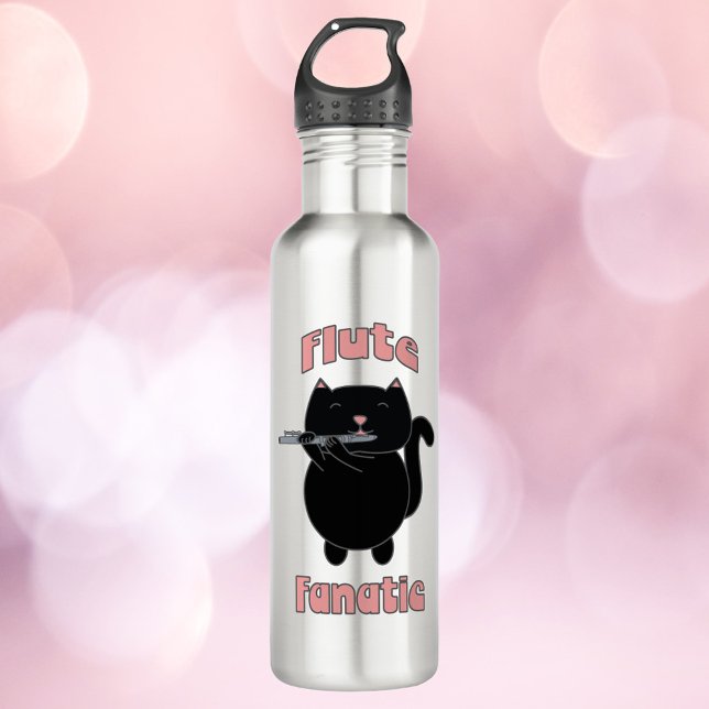 Bouteille D'eau Fluide Fanatique Chat noir rose (A water bottle with a cute black cat and the text flute fanatic in pink.)