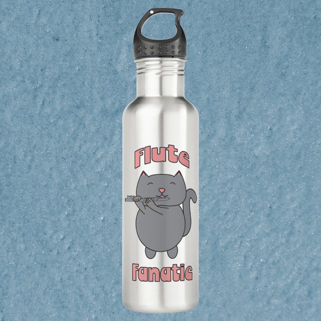 Bouteille D'eau Flute Fanatic Pink Gray Cat (A water bottle with a gray cat playing the flute with the words flute fanatic.)