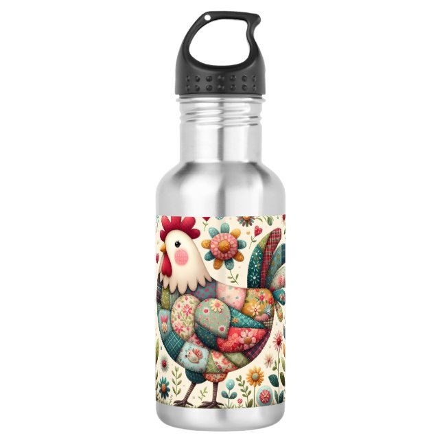 Bouteille D'eau Folk Patchwork Rooster with Floral Accents (Devant)