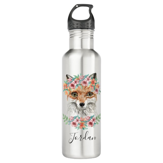 Bouteille D'eau Fox floral | ajoutent votre nom (Devant)