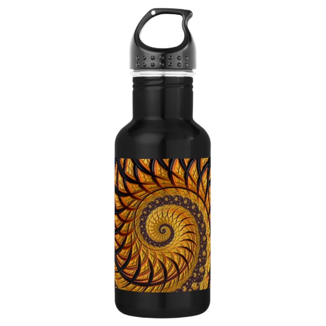 Bouteille D'eau Fractale en spirale abstraite noire et or (Devant)