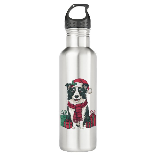 Bouteille D'eau Frontière Collie Chien Fêtes de Noël Père Noël (Devant)