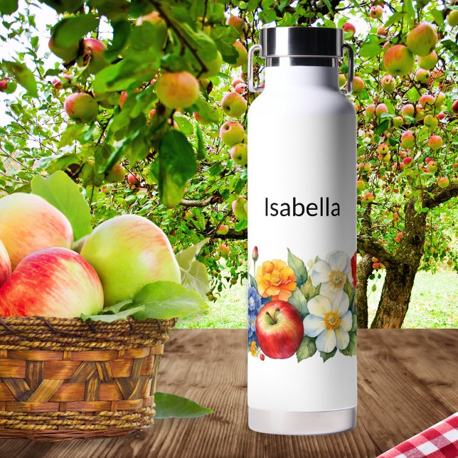 Bouteille D'eau Fruits et Fleurs de la Nature Souci Pommier (A personalized metal water bottle, with rustic, nature themed design of an apple with flowers)
