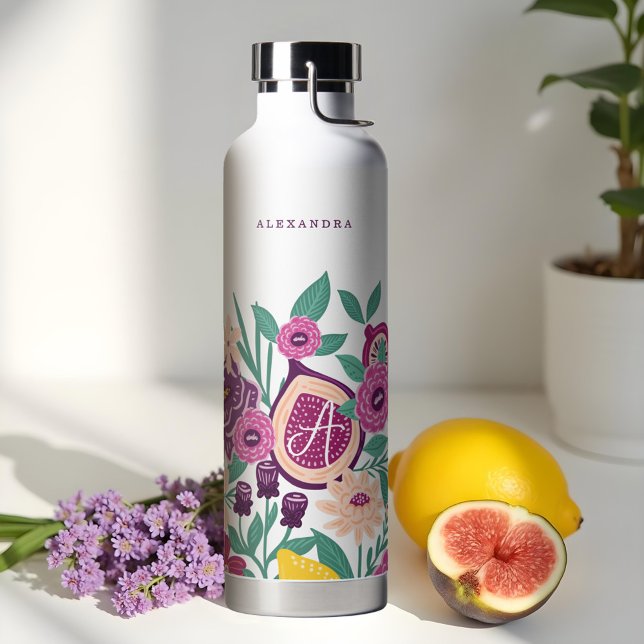 Bouteille D'eau Fruits tropicaux, Monogramme botanique Fleur sauva (Tropical Fruits, Fig Wildflower Botanical Monogram Water Bottle)