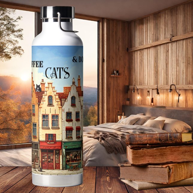 Bouteille D'eau Funny Crazy Cat Lady Coffee Books 22oz (22 oz Water bottle featuring a cute artistic city scene with several cats - books coffee)
